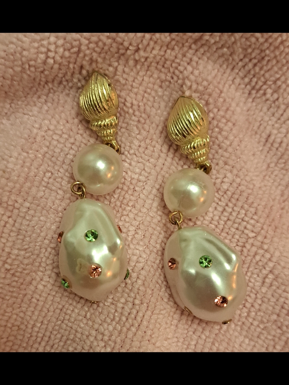 Gold-Tone Pearl Drop Earrings with Green & Pink Crystal Accents